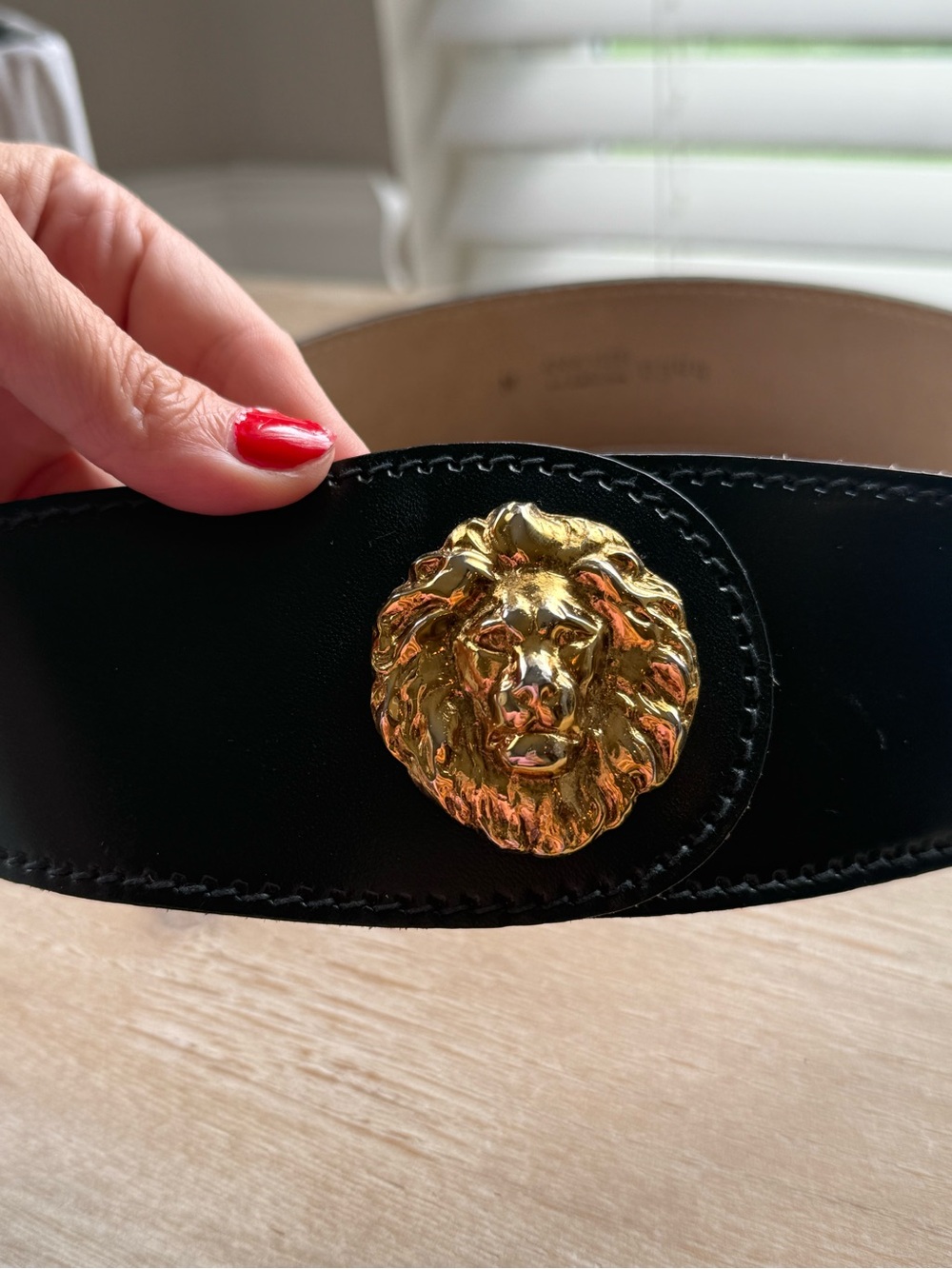 Anne Klein Black Leather Belt with Gold Lion Head Buckle